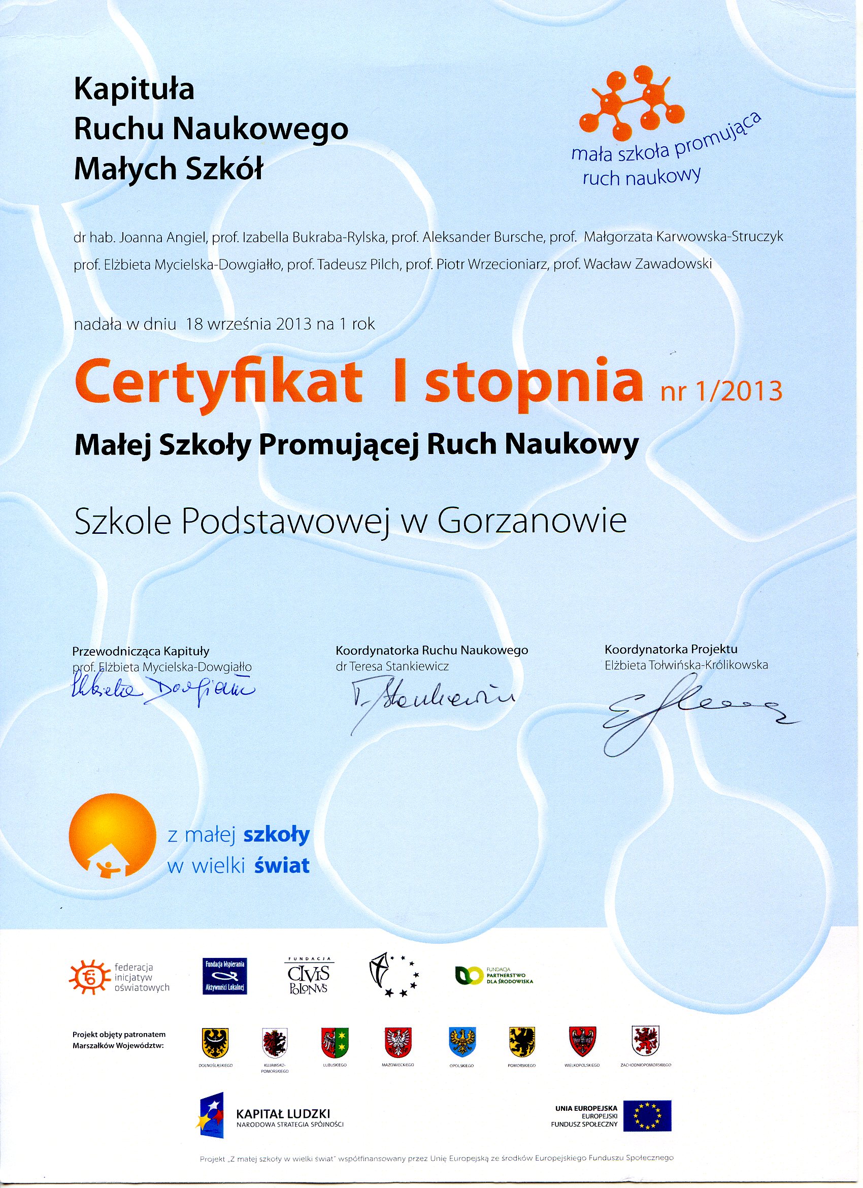 2013.10.09. Certyfikat promujący ruch naukowy