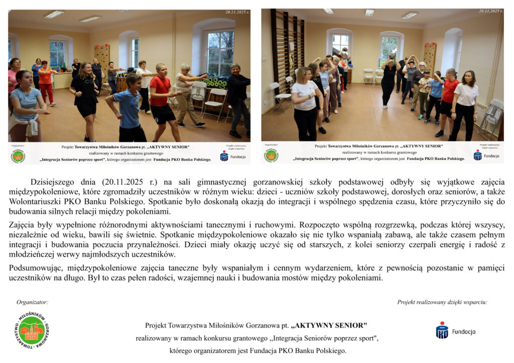 zdjęcie przedstawia dzieci, młodzież i&nbsp;dorosłych oraz&nbsp;seniorów podczas zabaw i&nbsp;tańców  w&nbsp;sali gimnastycznej w&nbsp;szkole podstawowej w&nbsp;ramach projektu ,,Aktywny Senior"