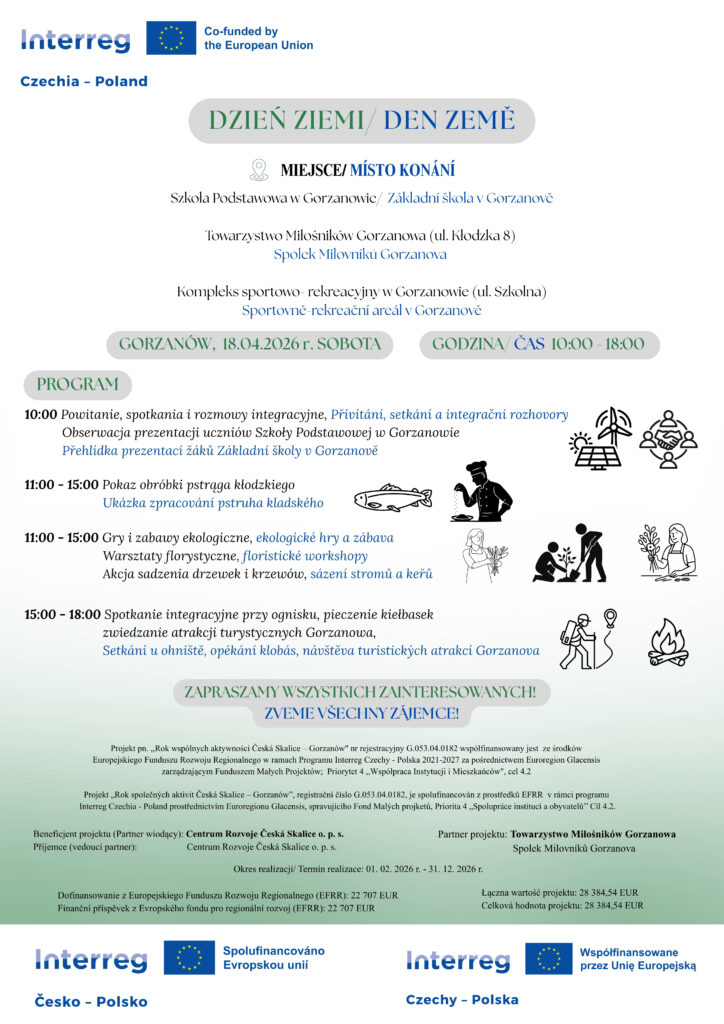 Obraz przedstawia plakat zapraszający do&nbsp;udział w&nbsp;obchodach Dnia Ziemi w&nbsp;dniu 18.04.2026 r., który&nbsp;odbędzie się na&nbsp;terenie Szkoły Podstawowej i&nbsp;Kompleksu sportowo - rekreacyjnego w&nbsp;Gorzanowie.