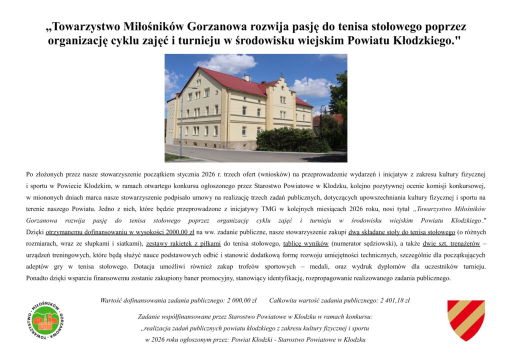 Obraz przedstawia informacje o&nbsp;uzyskanej dotacji dla Towarzystwa Miłośników Gorzanowa od&nbsp;Starostwa Powiatowe w&nbsp;Kłodzku w&nbsp;zakresie promocji tenisa stołowego.