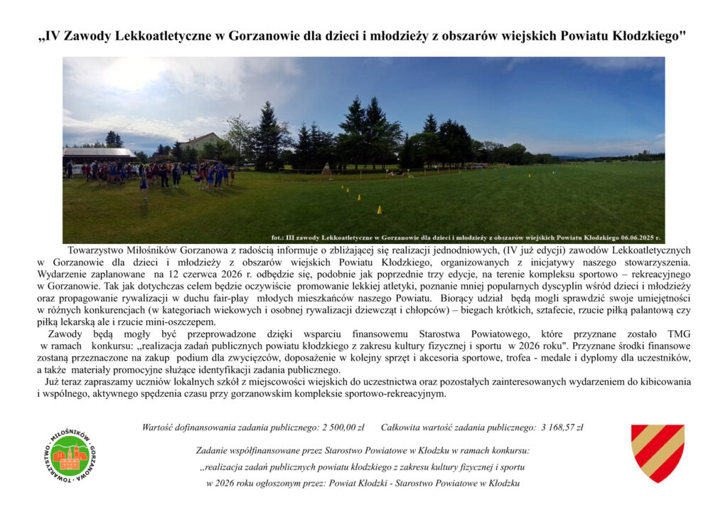 Obraz przedstawia informację o&nbsp;planowanej organizacji i&nbsp;przyznanej  dotacji TMG na&nbsp;realizację IV zawodów lekkoatletycznych dla dzieci i&nbsp;młodzieży z&nbsp;obszarów wiejskich Powiatu Kłodzkiego.