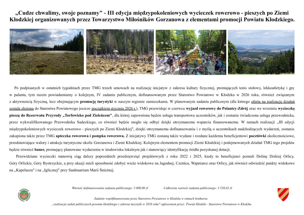 Obraz przedstawia informację o&nbsp;rozpoczęciu zadania publicznego Towarzystwa Miłośników Gorzanowa dotyczącego promocji turystyki w&nbsp;Powiecie Kłodzkim poprzez wycieczki piesze i&nbsp;rowerowe do&nbsp;Rezerwatu Przyrody Torfowisko pod&nbsp;Zieleńcem oraz&nbsp;do&nbsp;Polanicy-Zdrój.
