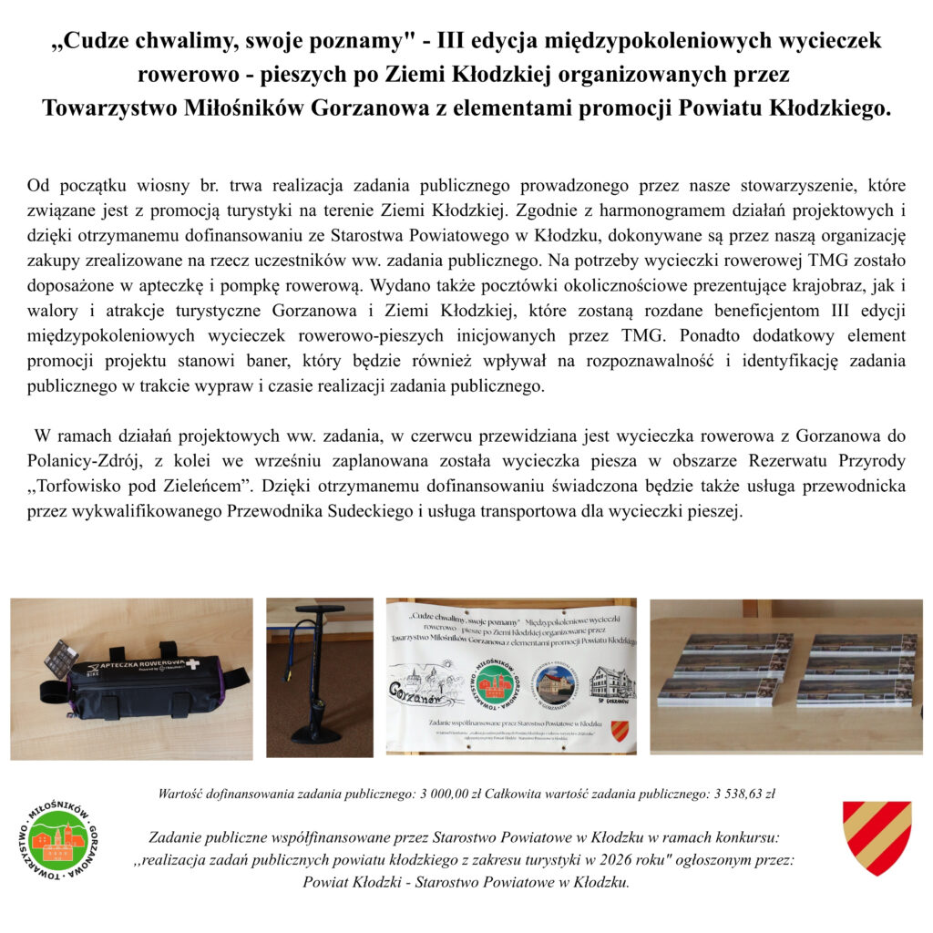 obraz przedstawia opis zakupionej apteczki, pompki rowerowej oraz&nbsp;baneru i&nbsp;pocztówek w&nbsp;ramach projektu TMG dofinansowanego przez&nbsp;Starostwo Powiatowe w&nbsp;Kłodzku w&nbsp;zakresie promocji turystyki i&nbsp;wycieczek pieszo-rowerowych.