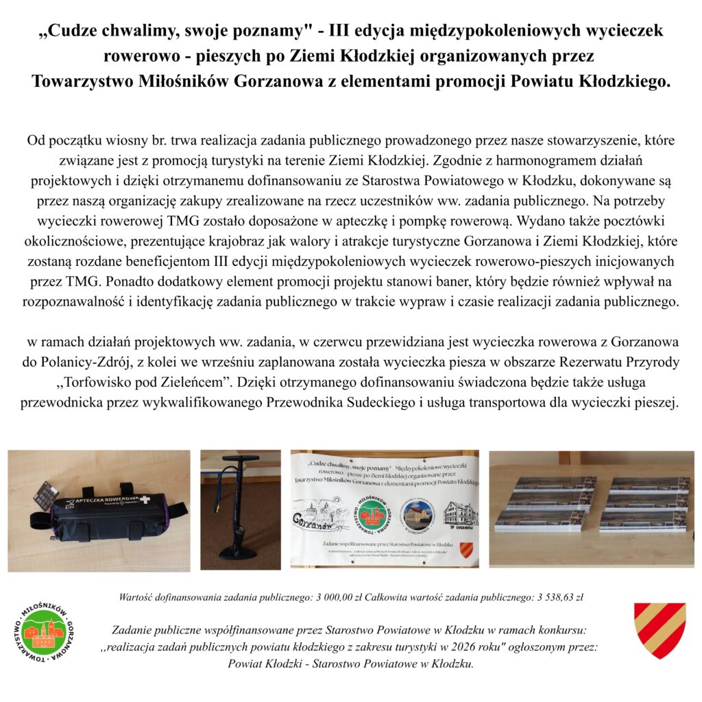 obraz przedstawia zakupione przez&nbsp;TMG apteczkę i&nbsp;pompkę rowerową, baner 1200 x 600 mm oraz&nbsp;200 pocztówek zakupionych w&nbsp;ramach zadania publicznego z&nbsp;zakresu turystyki dofinansowanego przez&nbsp;Starostwo Powiatowe w&nbsp;Kłodzku.