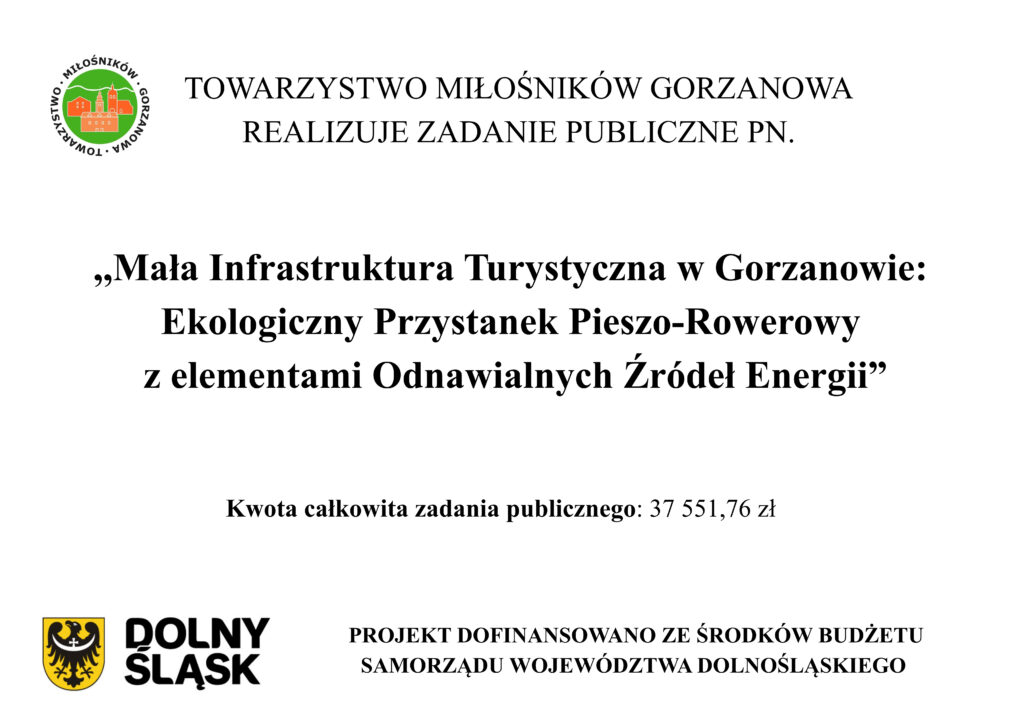 obraz przedstawia informację o&nbsp;rozpoczęciu zadania publicznego dotyczącego powstania przystanku pieszo-rowerowego w&nbsp;Gorzanowie z&nbsp;elementami Odnawialnych Źródeł Energii, dofinansowanego ze&nbsp;środków budżetu Samorządu Województwa Dolnośląskiego.
